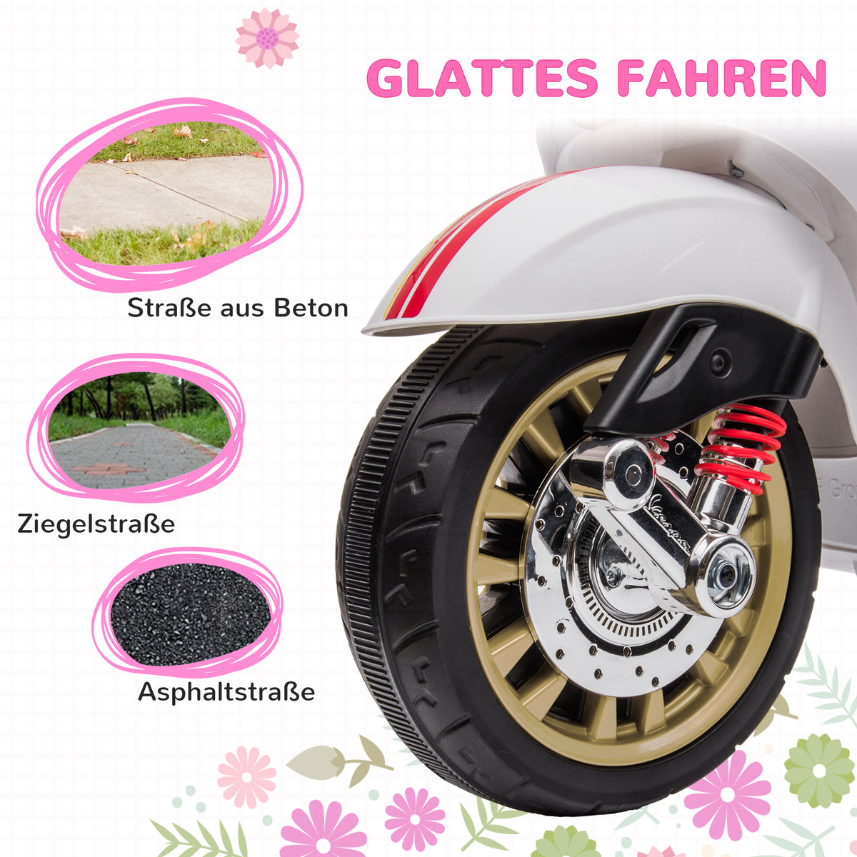 AIYAPLAY Elektro-Kindermotorrad, Vespa, 3 km/h, 3-6 Jahre, Musik, Licht & Radio, Weiß