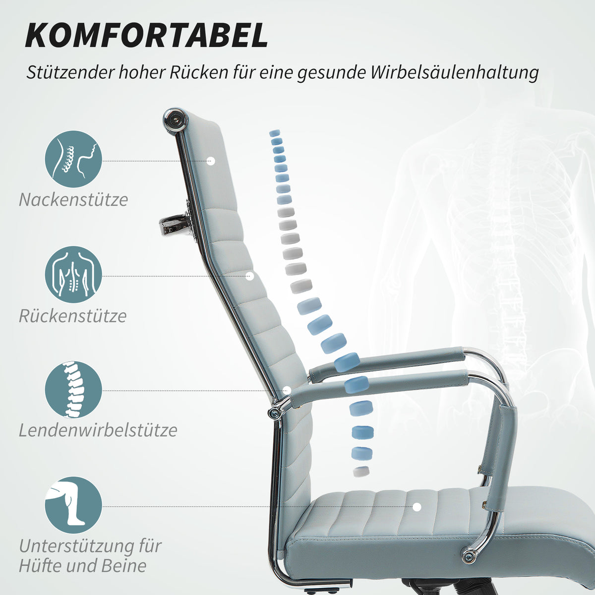 Vinsetto Bürostuhl, Drehstuhl mit Wippfunktion, höhenverstellbar, Kunstleder, bis 120 kg, Hellgrau