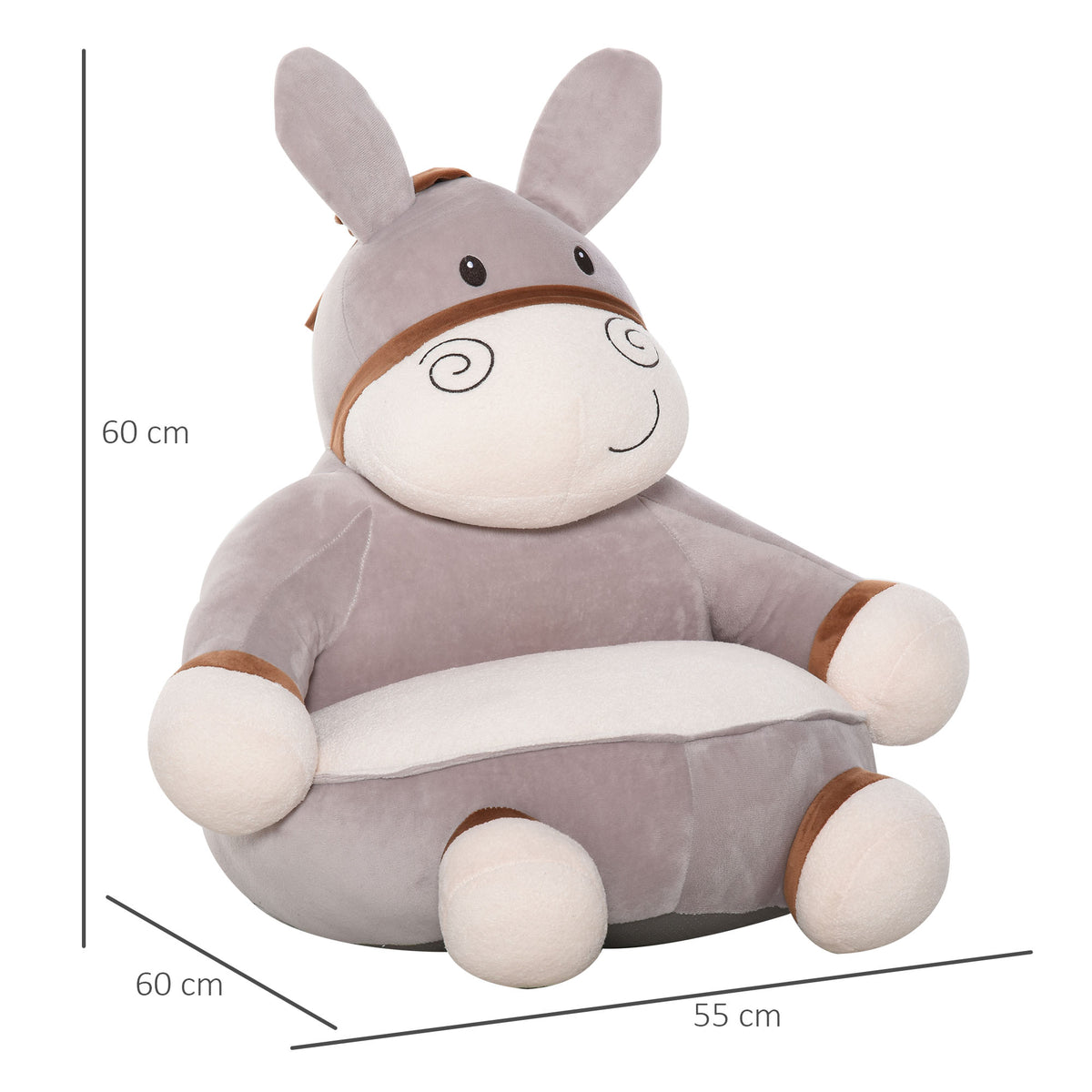 HOMCOM Esel Kinderstuhl 60L x 55B x 60H cm mit weicher Baumwollpolsterung und Veloursbezug Grau Creme