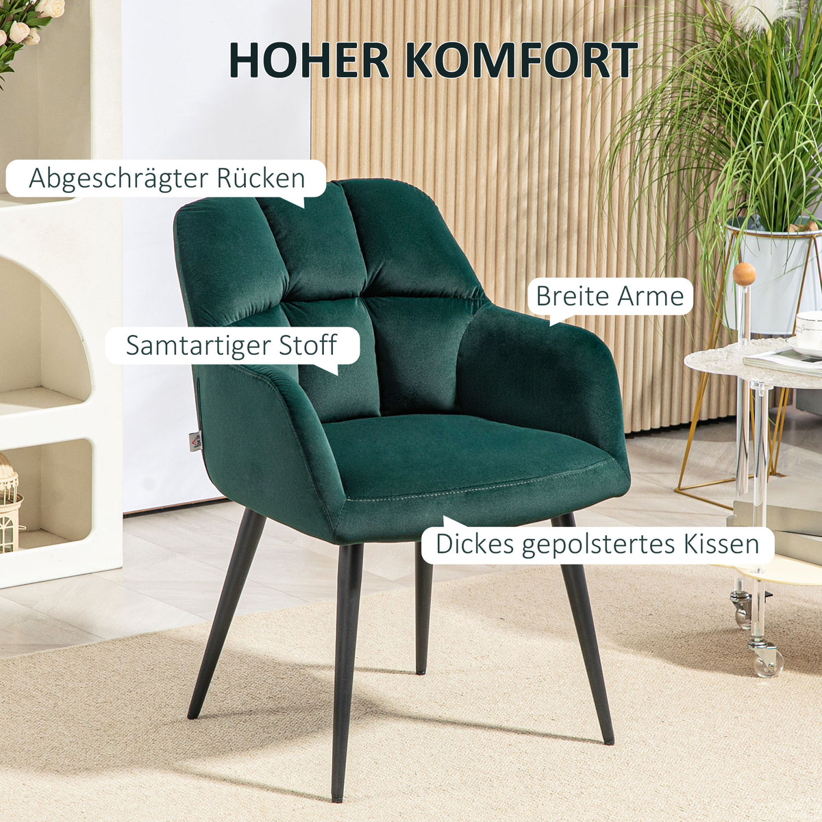 HOMCOM Polsterstuhl, Akzentstuhl, dekorative Steppung, Samtoptik, bis 120 kg, Dunkelgrün