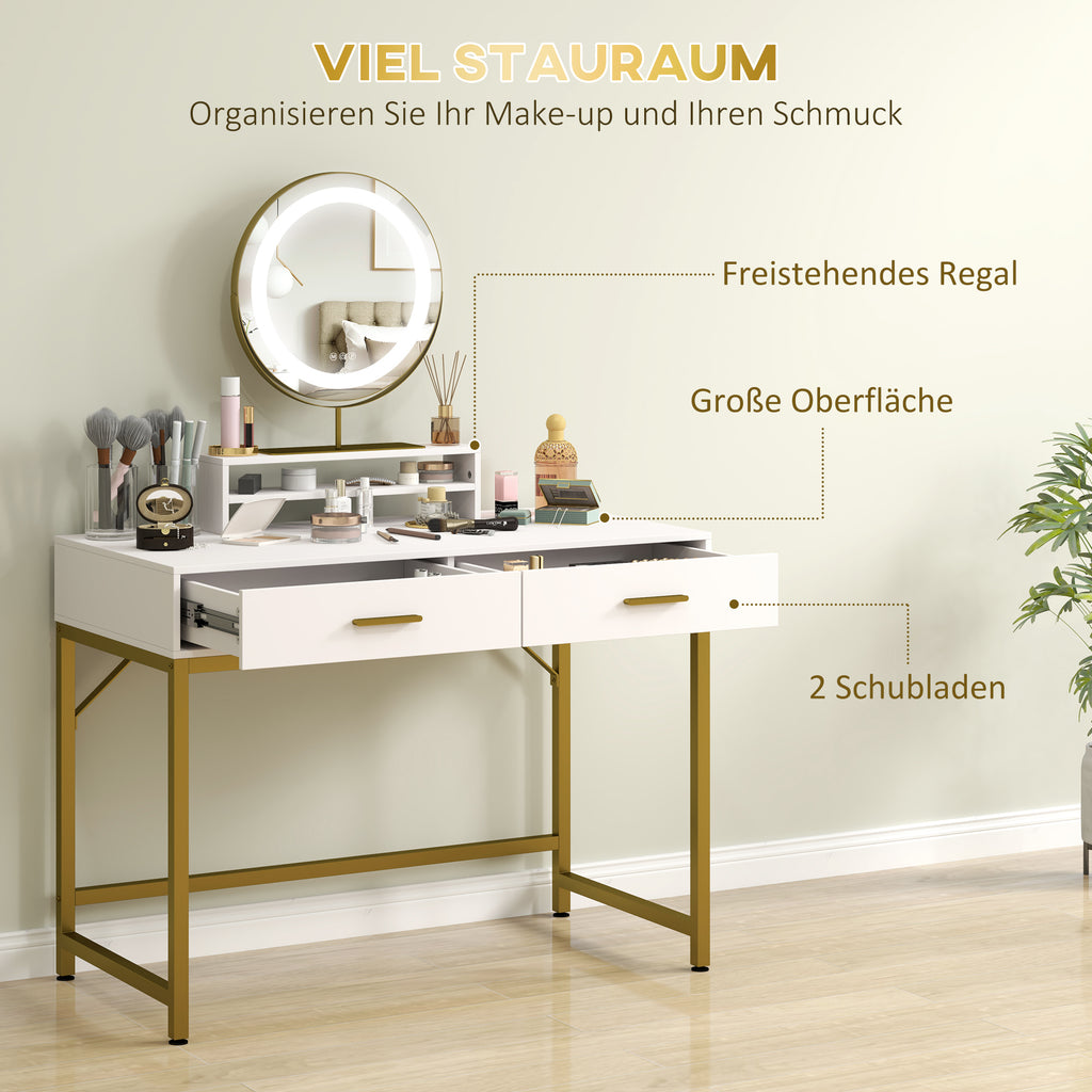 HOMCOM Kosmetiktisch mit 360° Spiegel, LED-Beleuchtung, 2 Schubladen, Weiß/Gold
