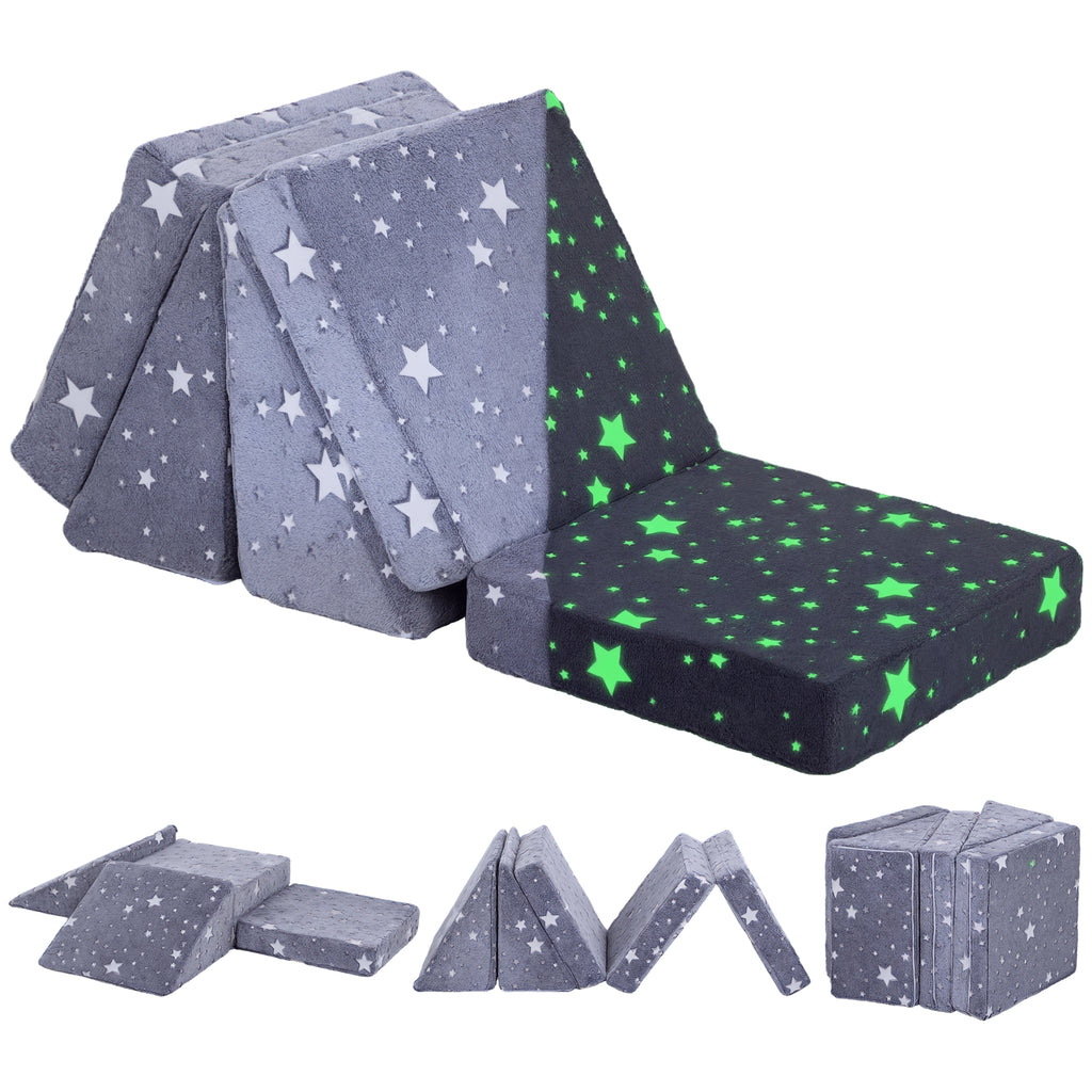 AIYAPLAY Modulares Spielsofa-Set für Kinder, 5-teilig, Treppe, Matratze, Pony- und Sternenmuster, leuchtet im Dunkeln, Grau