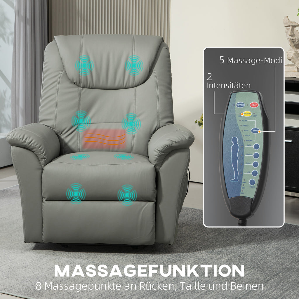 HOMCOM Relaxsessel mit Aufstehhilfe, Massage, Heizung, Kunstleder, 93x95x106 cm, Hellgrau