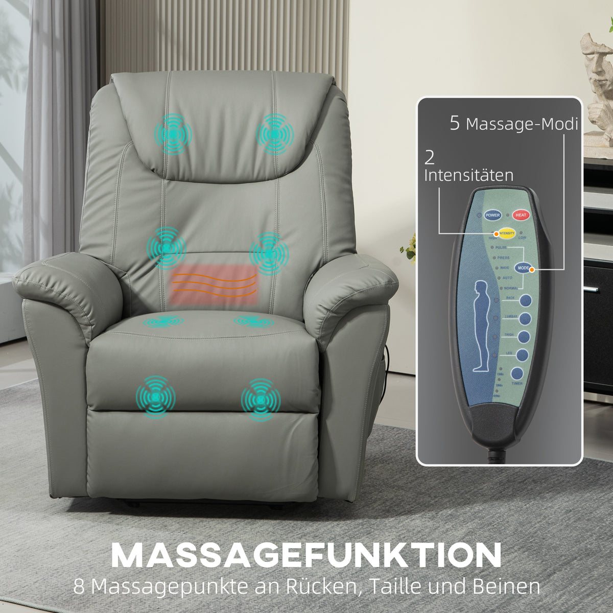 HOMCOM Relaxsessel mit Aufstehhilfe, Massage, Heizung, Kunstleder, 93x95x106 cm, Hellgrau