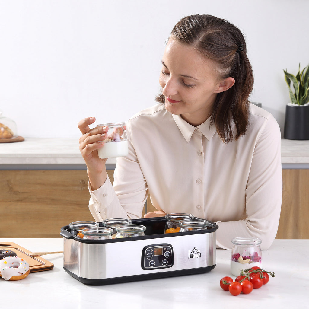 HOMCOM Joghurtbereiter 25W Joghurtmaschine mit LCD-Display 8 Joghurtgläser mit Deckel aus Glas 180ml einstellbare Temperatur und Zeit PC PP-Kunststoff Edelstahl Glas Silber 36 x 18,8 x 14 cm