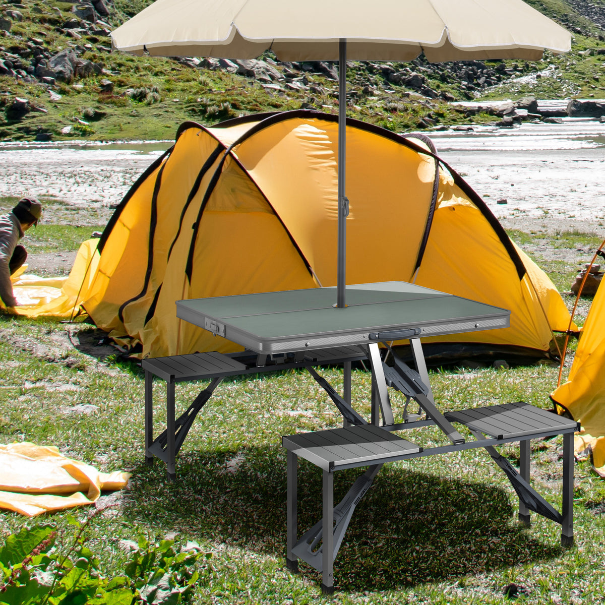 Outsunny Campingtisch Klapptisch mit 4 Stühle Klappbarer Gartentisch aus Aluminium 85,5 x 135cm Grau