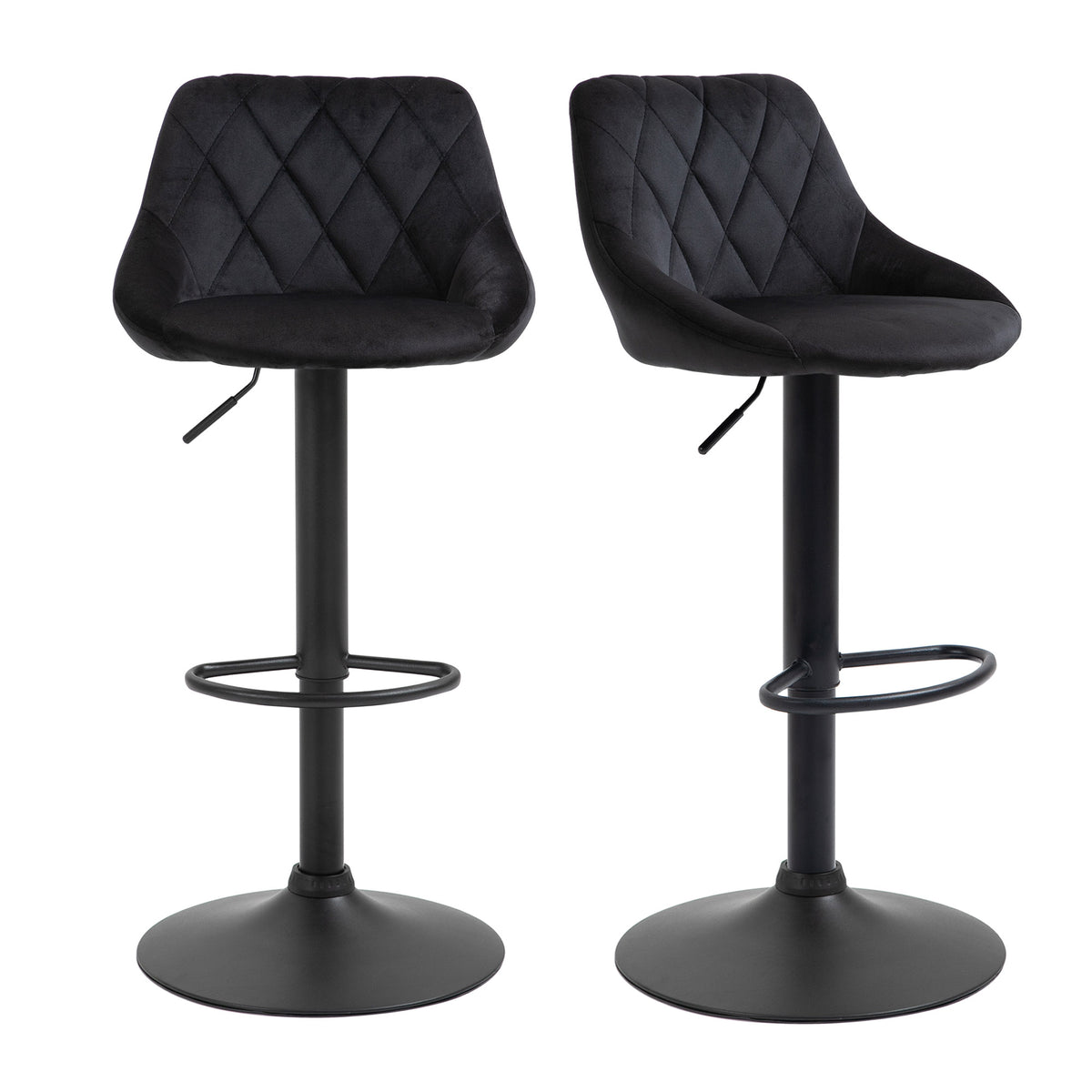 HOMCOM Barhocker 2er-Set Barstuhl mit Lehne, Samt-Optik, Stahlgestell, Höhenverstellbare Küchenstühle mit Fußstütze Drehbar Tresenhocker, Schwarz