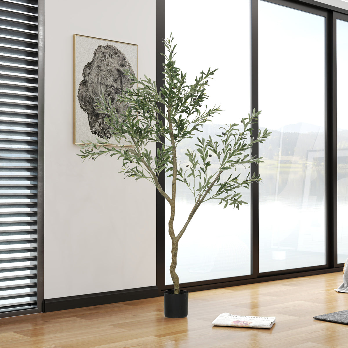HOMCOM Künstlicher Olivenbaum, Kunstpflanze, Lebensechte Olivenpflanze in Pflanztopf, 180 cm, Kunststoff, Grün