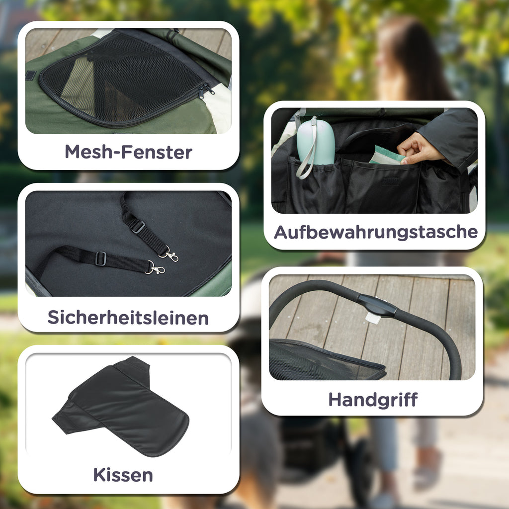 PawHut Hundewagen, Faltbarer Hundebuggy für große Hunde, Haustierwagen mit 4 Rädern, Sicherheitsleinen, Bremsen, Dunkelgrün