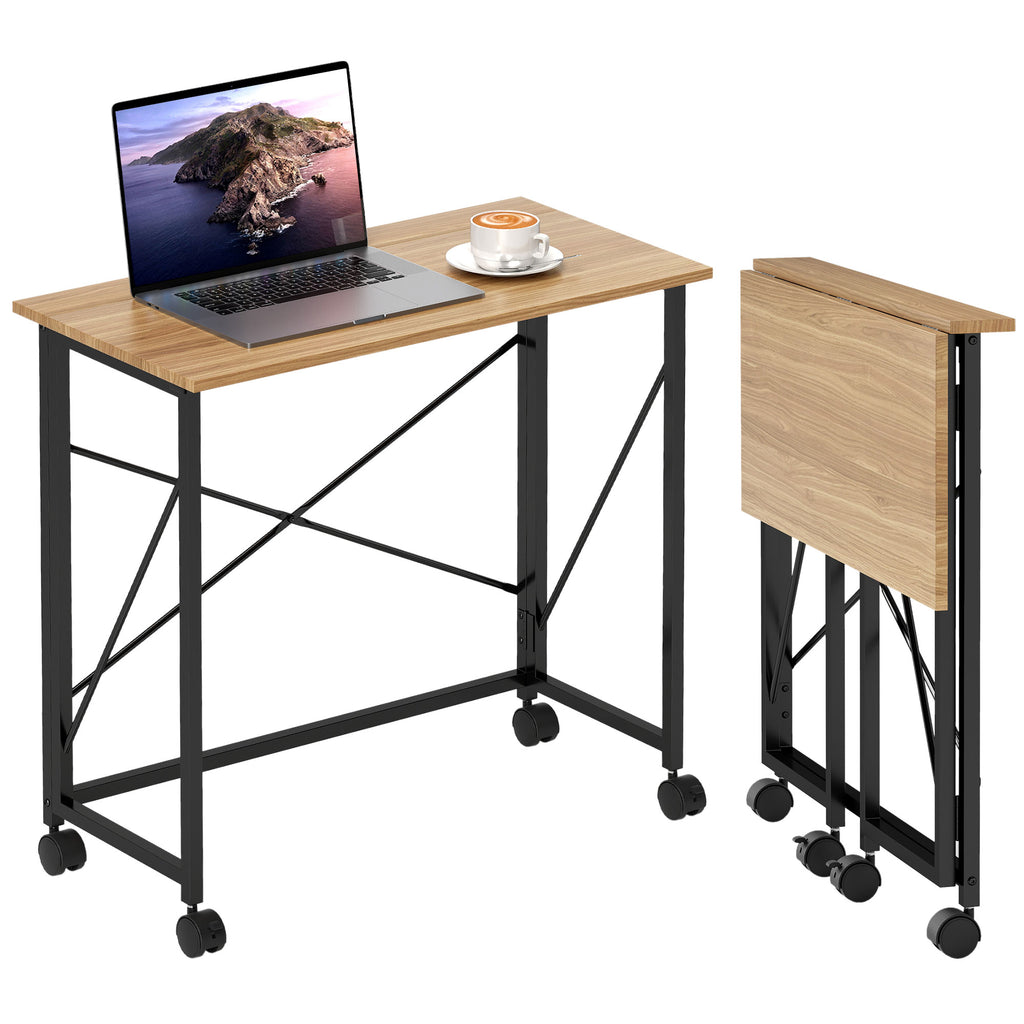 HOMCOM Klappbarer Schreibtisch mit Rädern, platzsparend, Stahl, MDF, Eiche