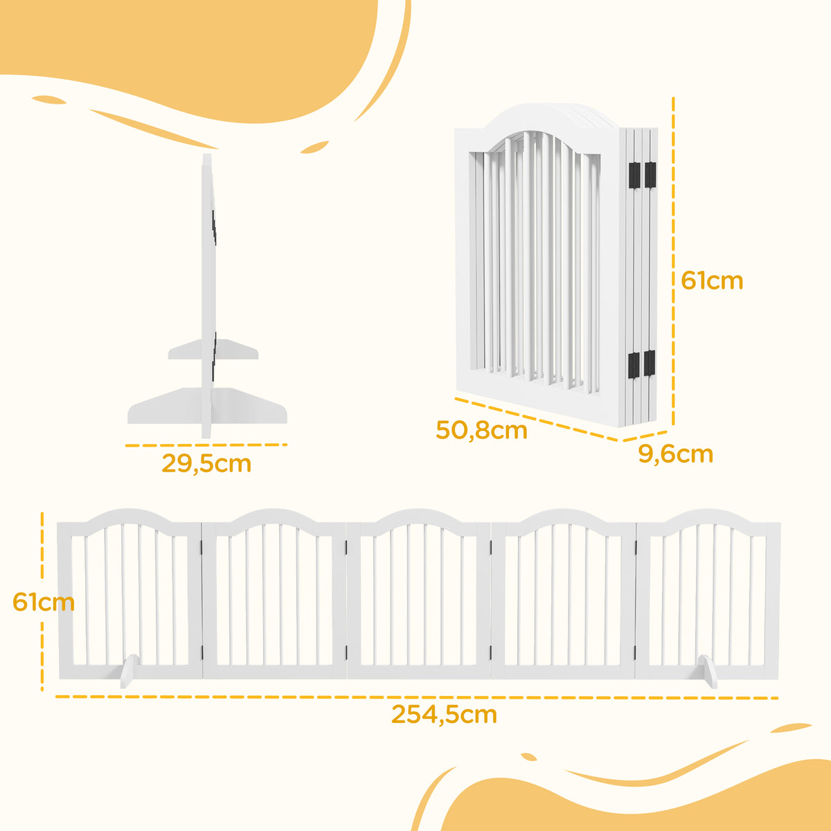 PawHut Hunde-Absperrgitter, 5 Paneele, klappbar, flexibel, Massivholz/MDF, 254,5x29,5x61 cm, Weiß