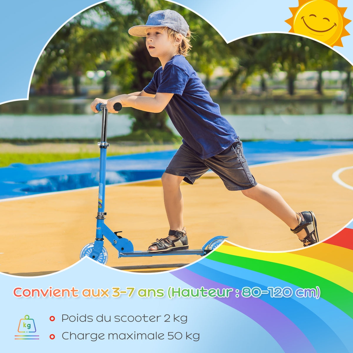 HOMCOM Roller für Kinder von 3 bis 7 Jahren klappbar mit leuchtenden PU-Rädern und Musik 67 x 32 x 78 cm Blau
