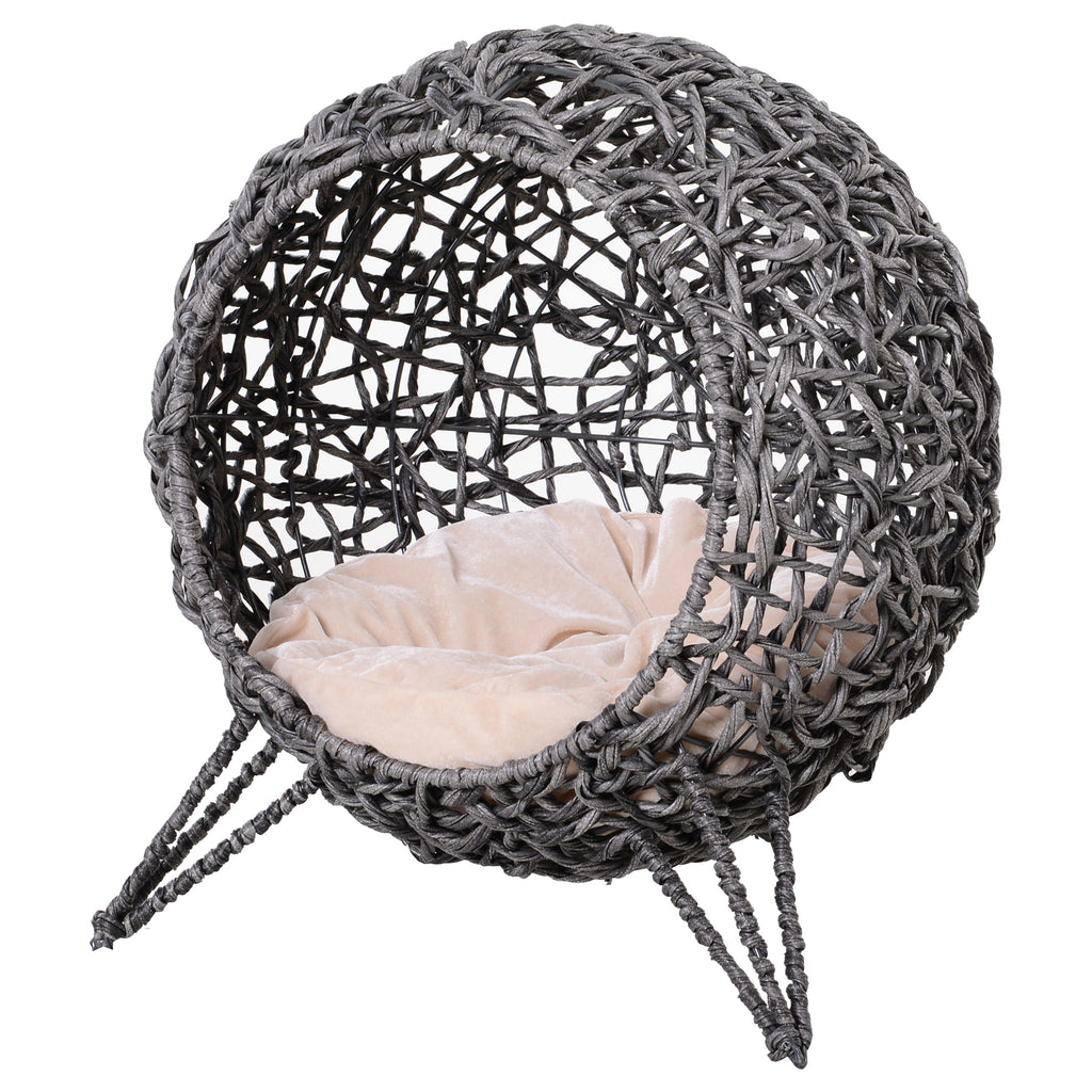 PawHut Katzenhaus aus Rattan mit Kissen Katzenschlafplatz Katzenhöhle mit erhöhten Füßen Silbergrau Ø52 x 58 cm