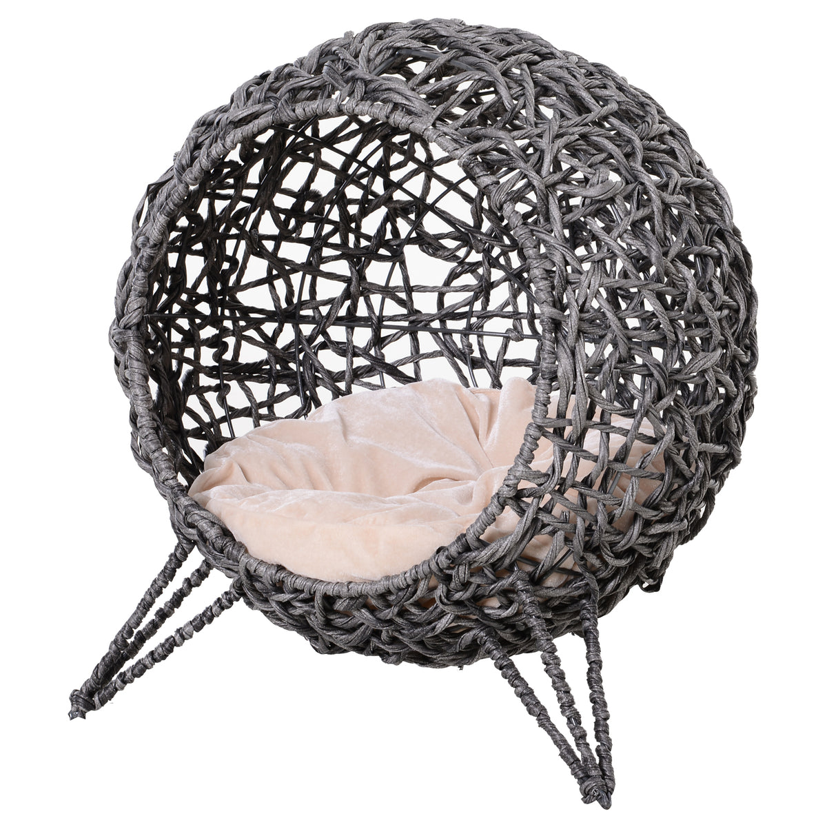 PawHut Katzenhaus aus Rattan mit Kissen Katzenschlafplatz Katzenhöhle mit erhöhten Füßen Silbergrau Ø52 x 58 cm
