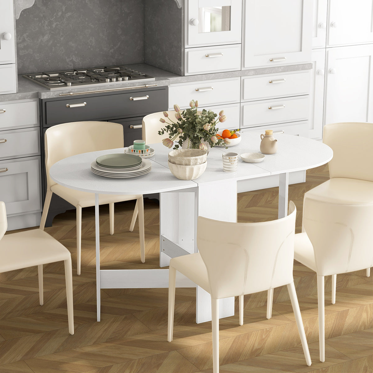 HOMCOM Klappbarer Esstisch, ovale Küchentischklappe für bis zu 6 Personen, für kleine Räume, Esszimmer, weiß