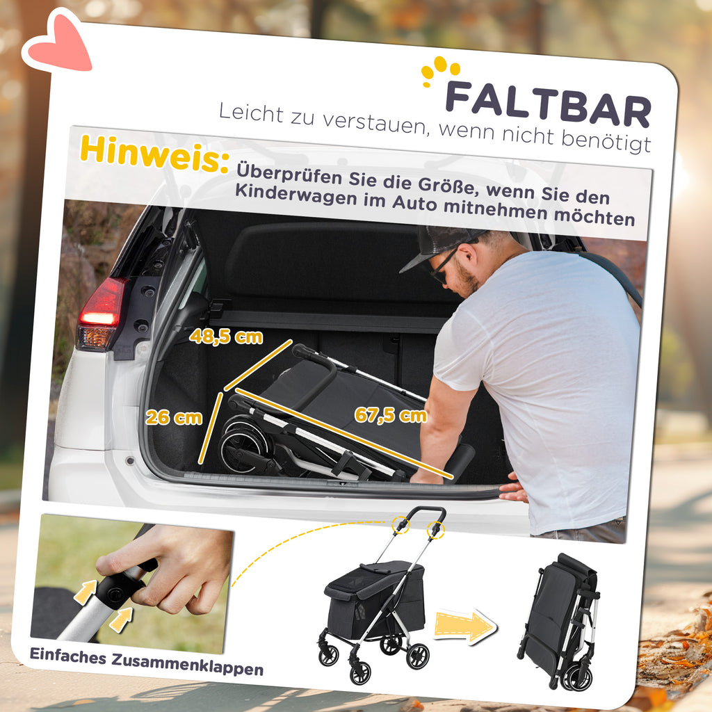 PawHut Hundewagen, Leichter und faltbarer Transportwagen für kleine Hunde, waschbares Kissen, Netzfenster, Grau