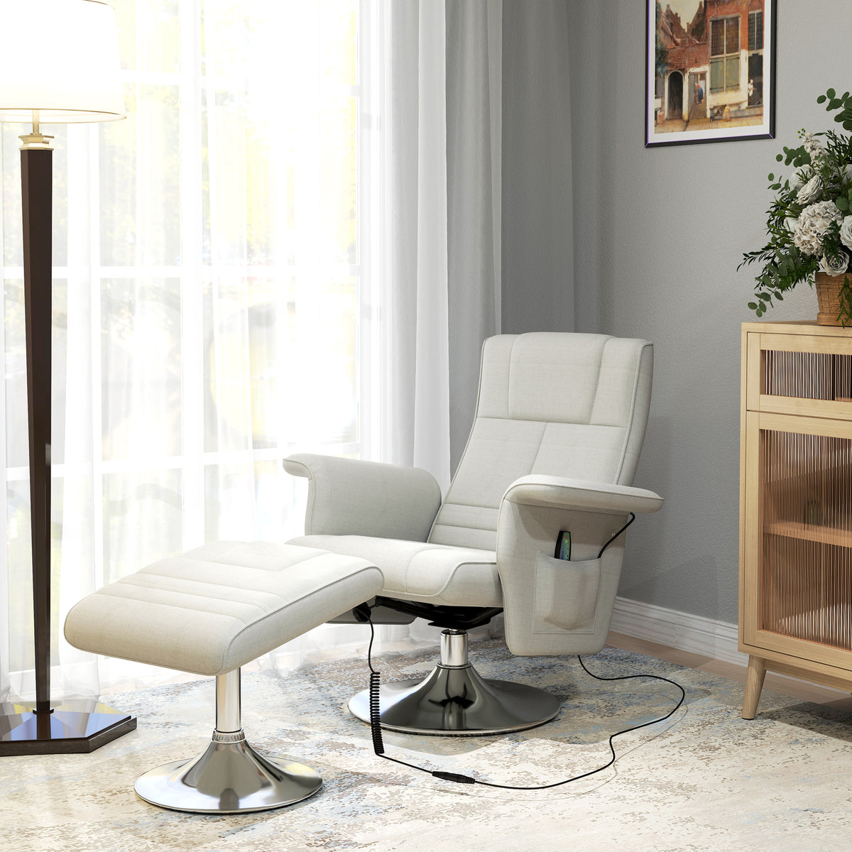 HOMCOM Massagesessel mit Hocker, neigbare Lehne, 78 x 95 x 88 cm, Creme