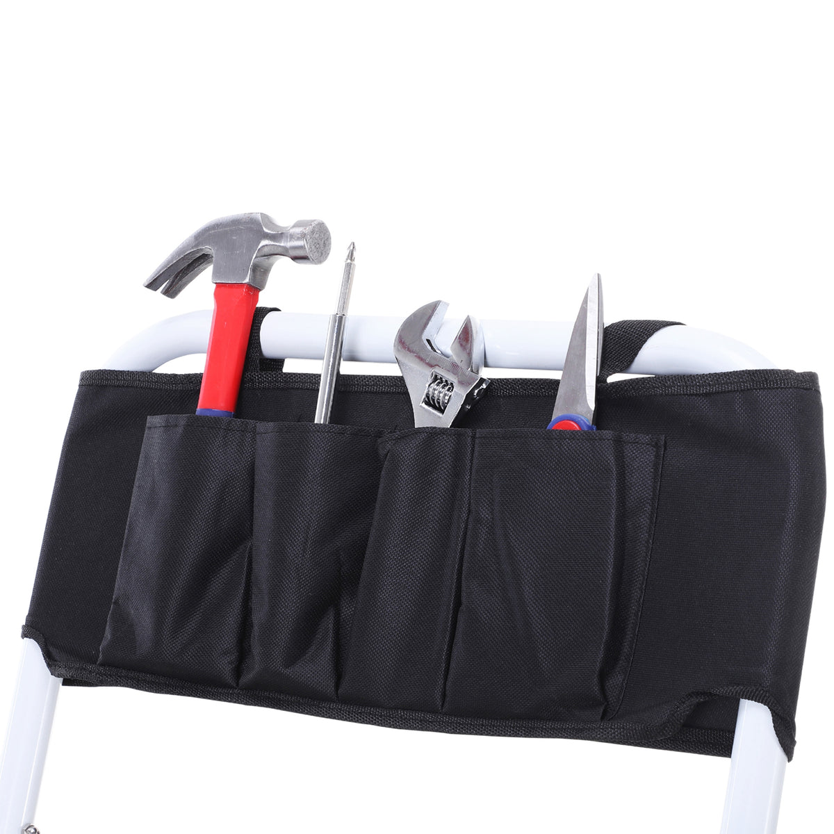 HOMCOM Faltbare Stahltreppenleiter mit 3 XL rutschfesten Stufen Doppelgeländer maximale Höhe 1,31 m maximale Belastung 150 kg integrierte Werkzeugtasche Stahl Weiß Schwarz