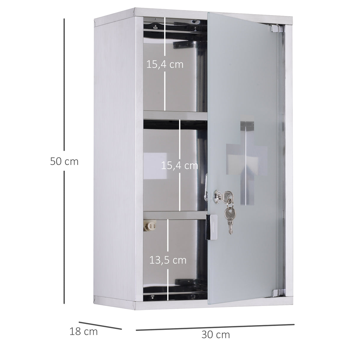 HOMCOM Medizinschrank Arzneischrank aus Edelstahl, Abschließbar Medikamentenschrank mit 3 Fächern, Glastür Apothekerschrank zur Medikamenten-Aufbewahrung, 30 x 18 x 50 cm