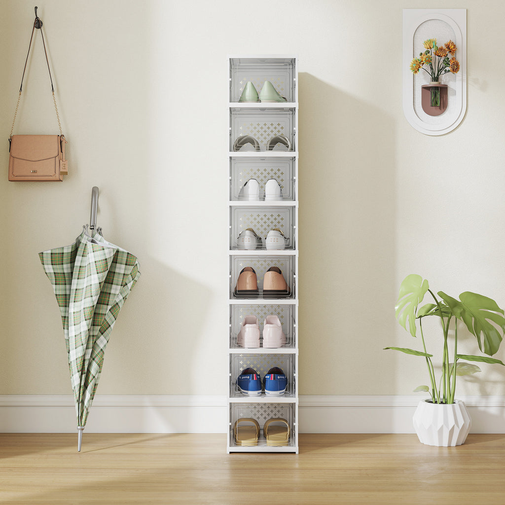 HOMCOM 8-stufiges Schuhregal, Schuhschrank, faltbar, belüftete Rückseite, Kunststoff, Weiß