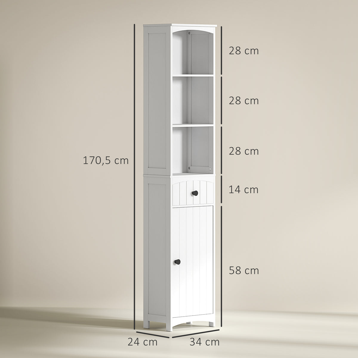 HOMCOM Badezimmerschrank mit 3 Regalen, 1 Schublade, robust, MDF, Weiß