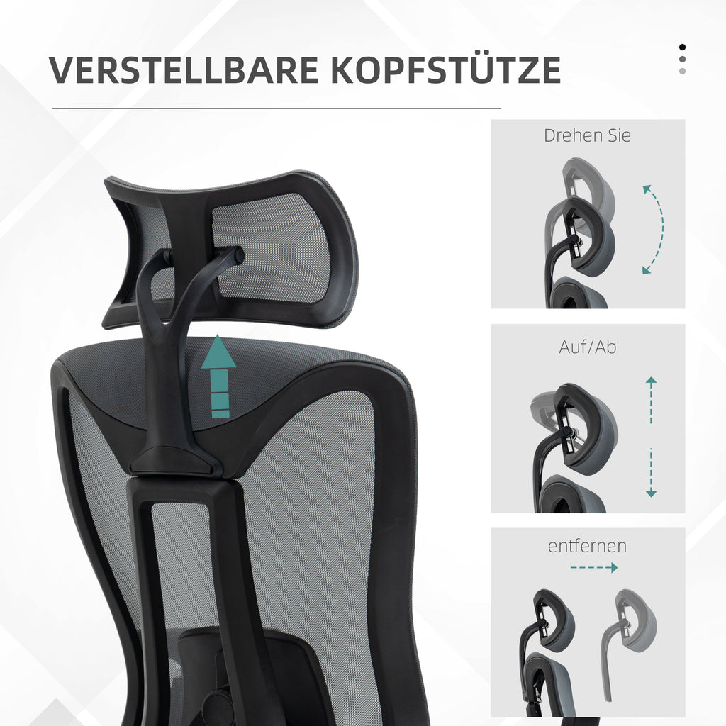 Vinsetto Bürostuhl Computerstuhl 135° Neigungsfunktion, höhenverstellbar, 70 cm x 66 cm x 120-128 cm, Grau