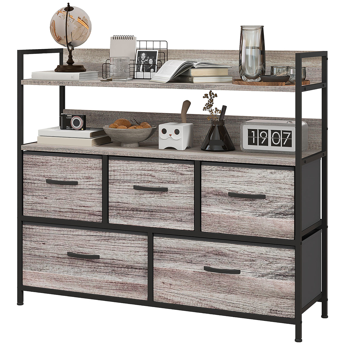 HOMCOM Stoff-Kommode, 5 faltbare Schubladen, 2 Regale, Stahlrahmen, 98 x 29 x 85 cm, Grau