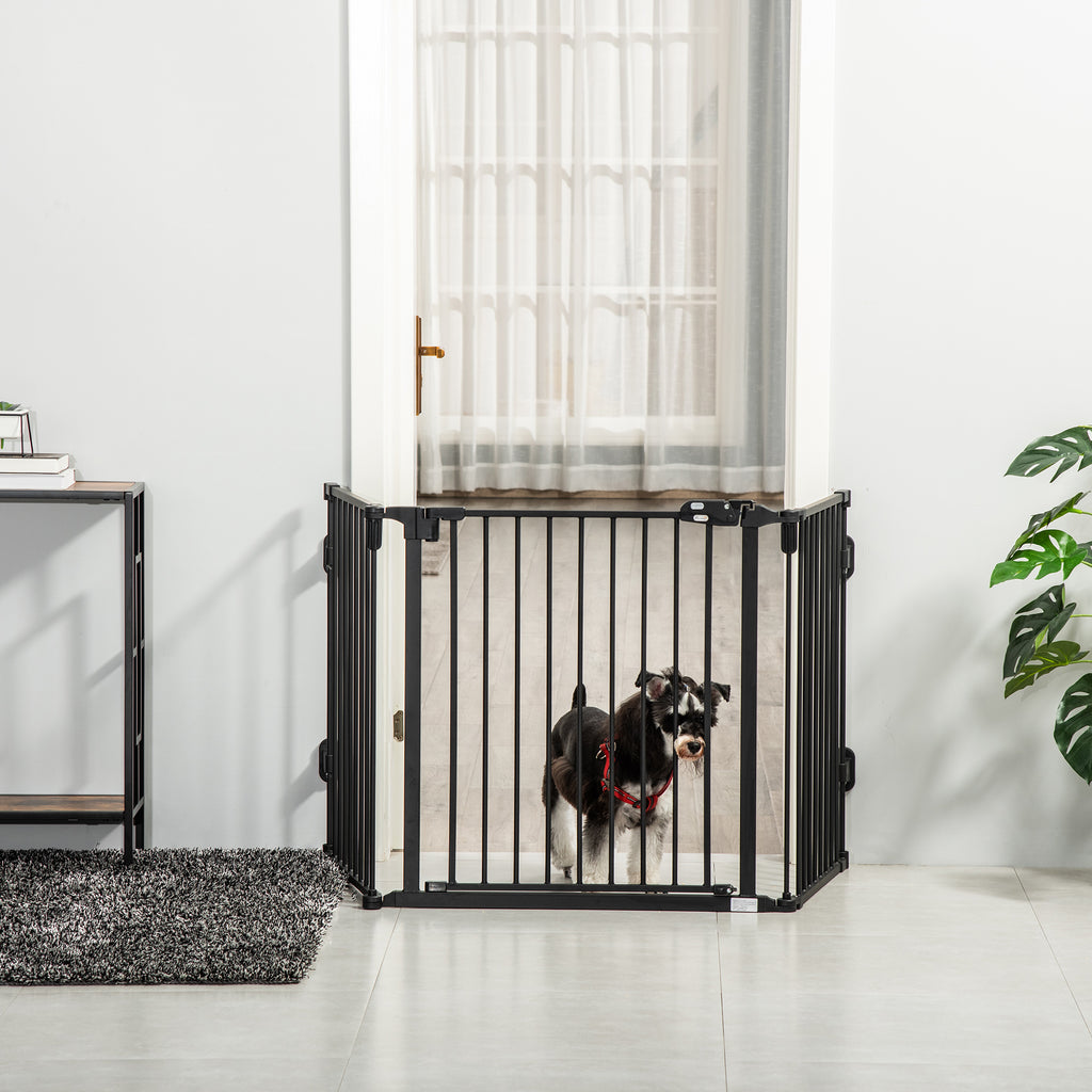 PawHut Hunde Absperrgitter Türschutzgitter Haustierschutzgitter verstellbar klappbar Kamingitter mit automatische schließenden Tür 3 Paneele für Ofen Wandmontage/Freistehend Schwarz 202,5 x 76 cm