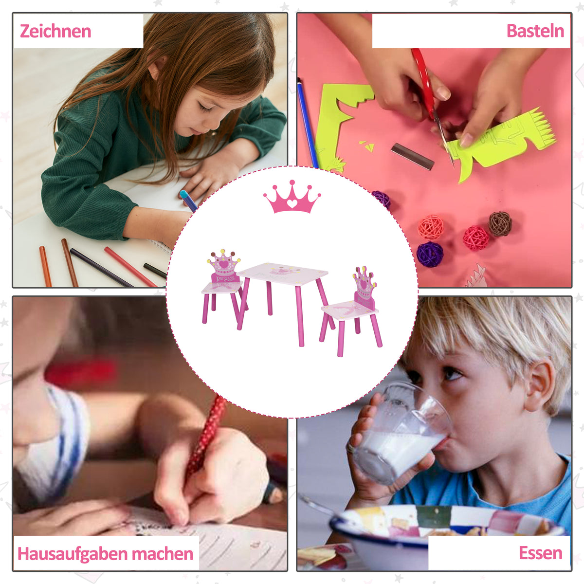 HOMCOM 3-tlg. Kindersitzgruppe mit 1 Kindertisch 2 Stühle Sitzgruppe Kinder Kindermöbel für Kleinkind Mädchen Junge Kiefer+MDF Rosa  55 x 34 x 42 cm
