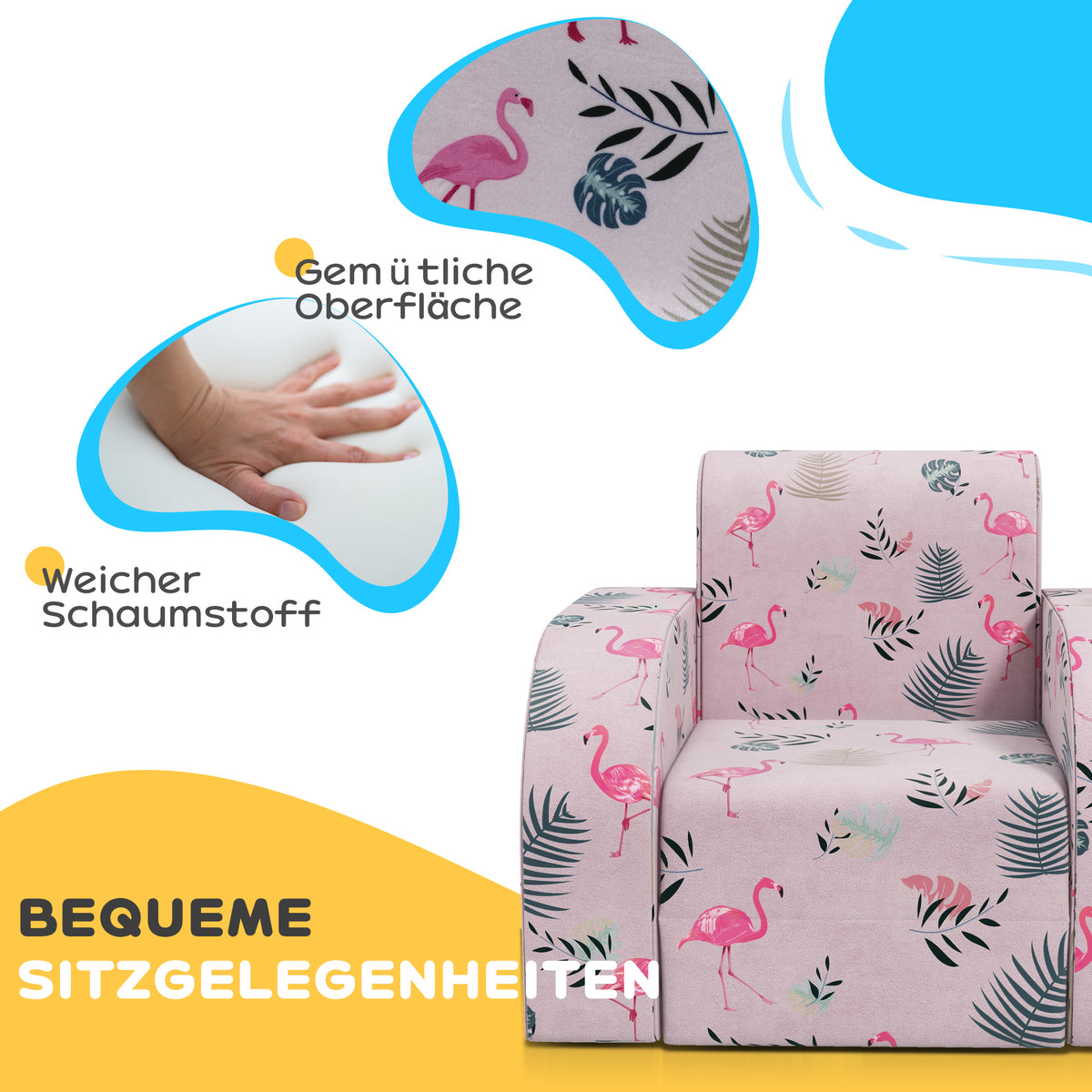 AIYAPLAY Kindersessel mit Bettfunktion, bis 3 Jahre/45 kg, Flamingo-Muster, 46,5x93x28,5 cm, Rosa