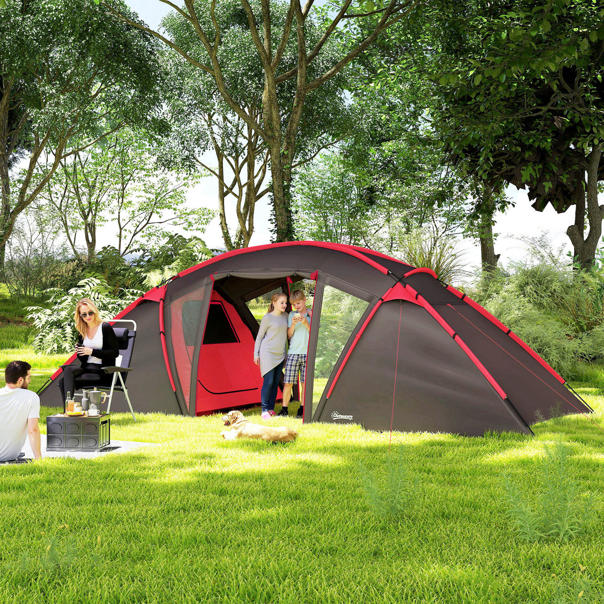 Outsunny Tunnelzelt, Campingzelt für 4-6 Personen, mit 3 Räumen, Lichthaken Doppeltüren Grau