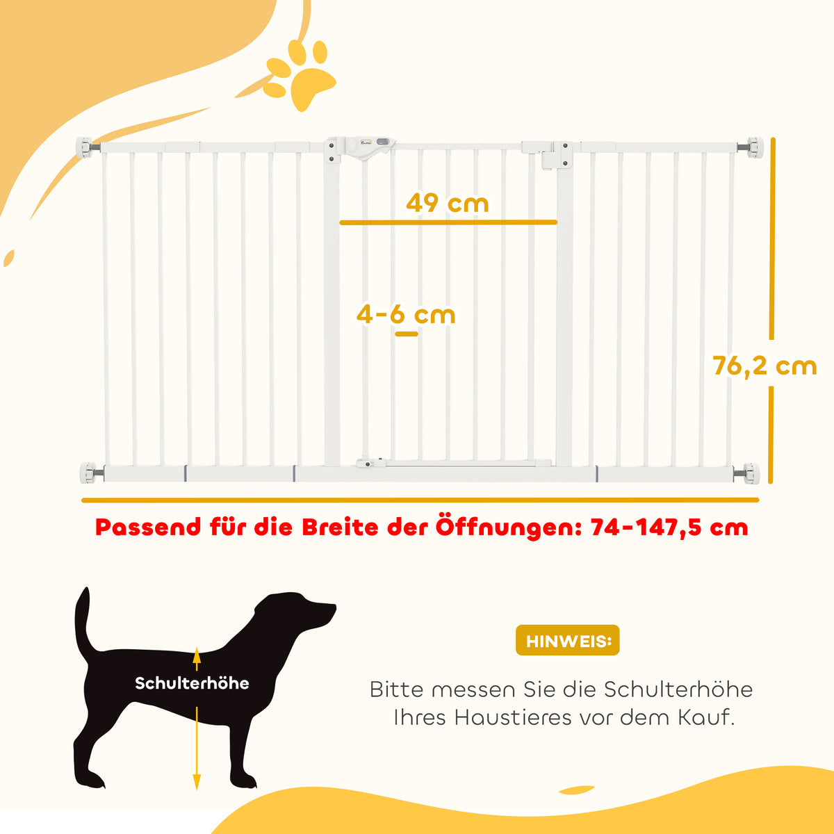 PawHut Hunde-Absperrgitter, erweiterbar, Klemmmontage, Metall, 136x76cm, Weiß