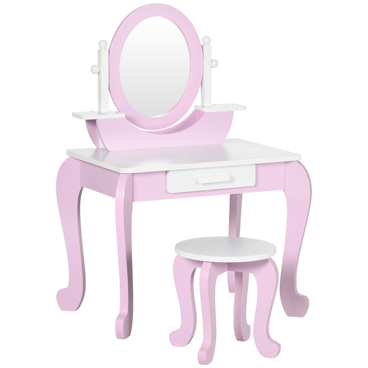 ZONEKIZ Kinder-Frisiertisch mit Hocker, Spiegel und Schublade 65,5 x 46 x 93 cm zweifarbig Rosa und Weiß