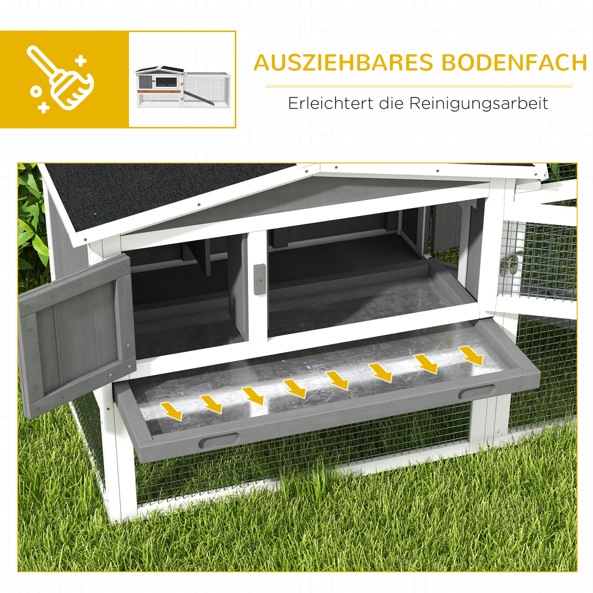 PawHut Kaninchenstall aus Tannenholz, Kleintierhaus mit Asphaltdach, Kleintiergehege, 156 x 58 x 68 cm, Hellgrau
