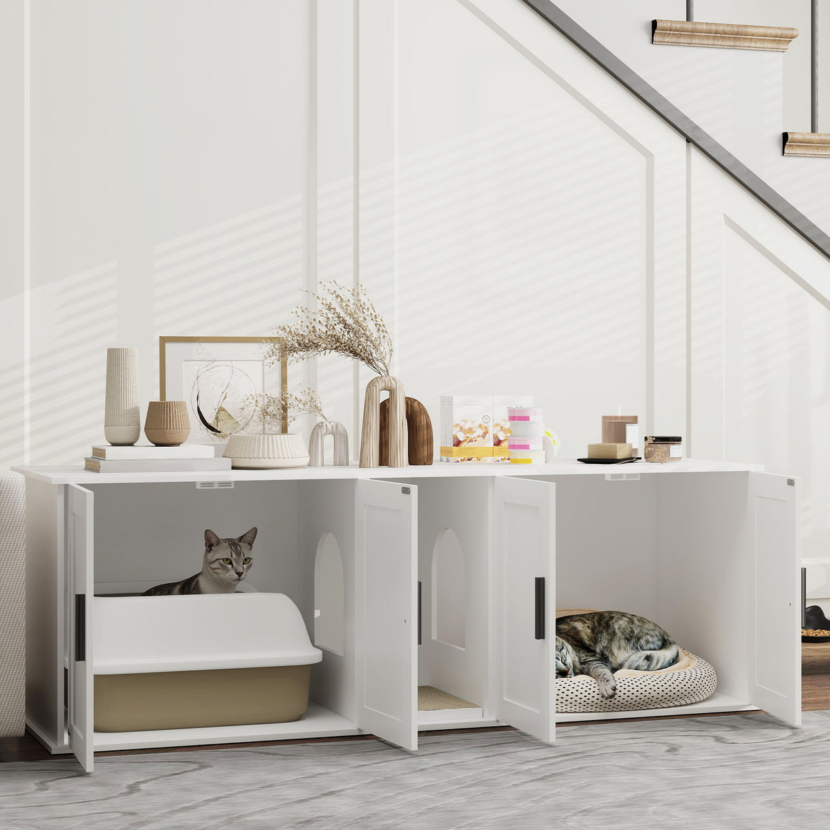 PawHut Katzenklo-Schrank Katzenhaus mit Tür Trennwand Katzentoilette für große Katzen 145 x 49 x 51 cm Weiß