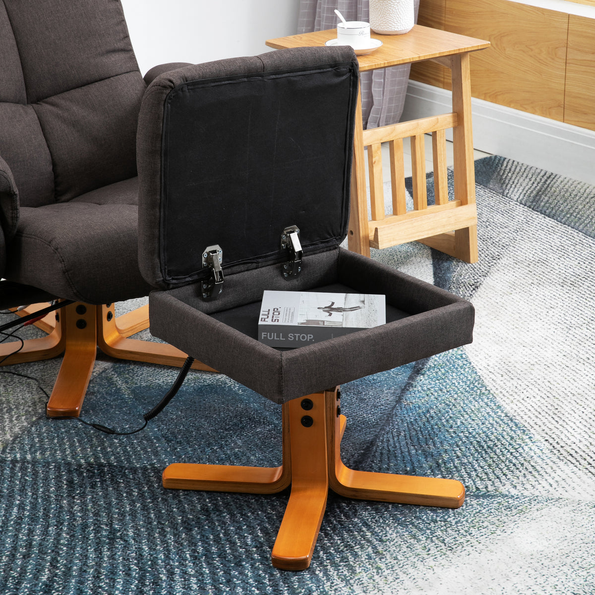 HOMCOM Relaxsessel mit Fußhocker, Stauraum, Elektrischer Massagesessel mit Liegefunktion, Drehbarer Fernsehsessel mit Seitentasche, Fernbedienung, Holzrahmen, Polyester, Braun