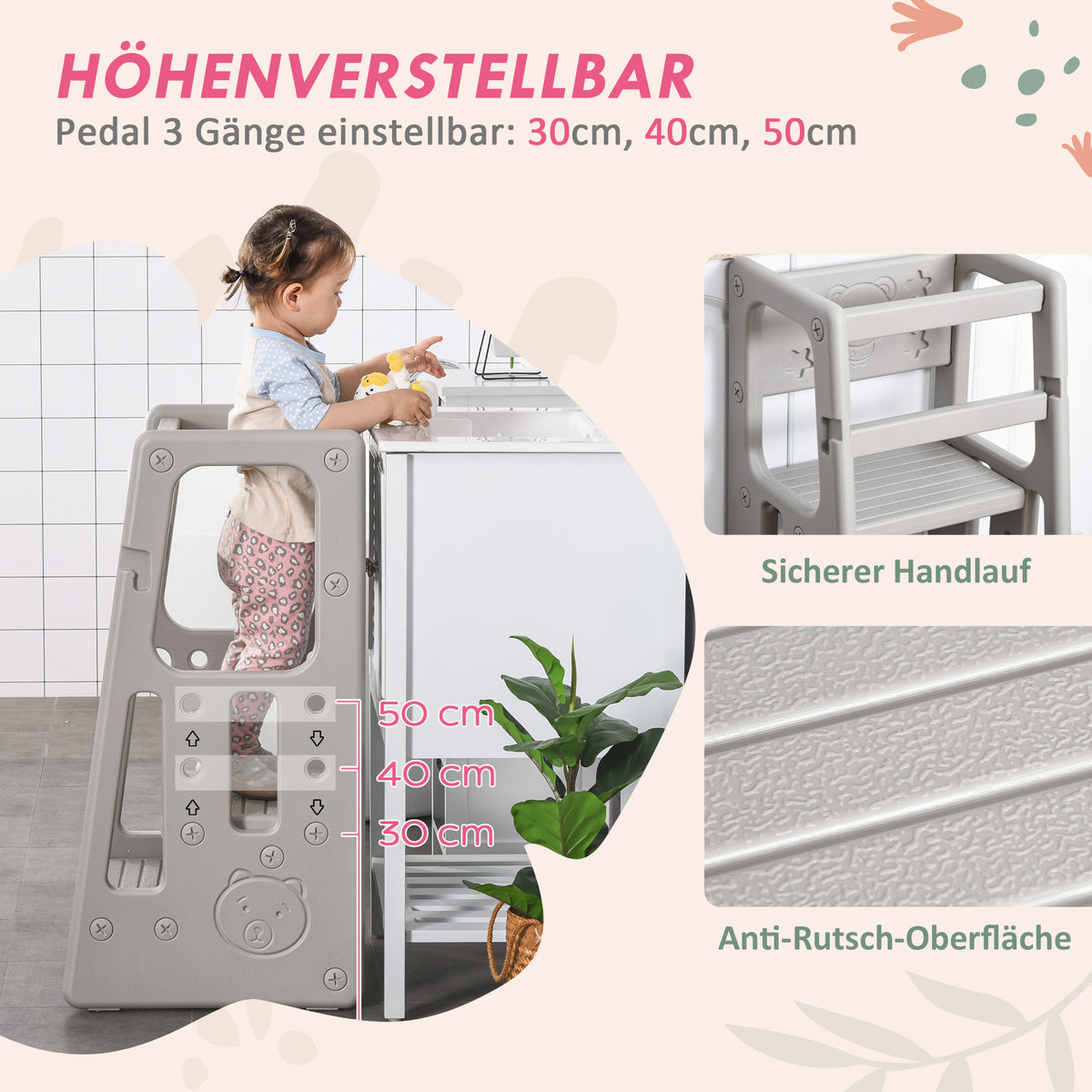 HOMCOM Lernturm für Kinder, 3-stufig höhenverstellbar, rutschfeste Füße, robuster Kunststoff, grau, 47 x 47 x 90cm