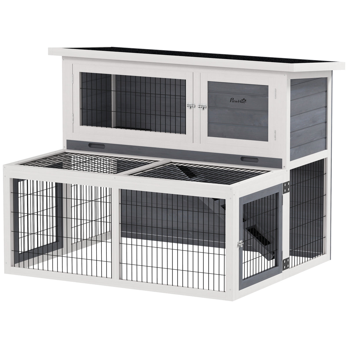 PawHut Hasenstall 2 Ebenen mit klappbar Dach Kaninchenstall aus Vollholz Winterfest Doppelstockhaus 122x95x93,5 cm Grau