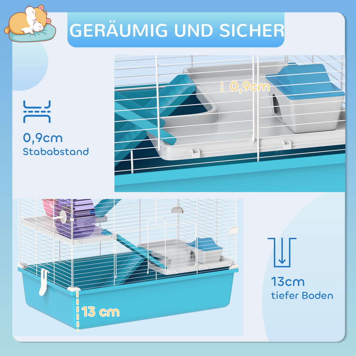 PawHut 6-stöckiger Hamsterkäfig mit Röhren, Tunnels, Hütte, Laufrad, Futterschale, Wasserflasche, Rampen, Hellblau