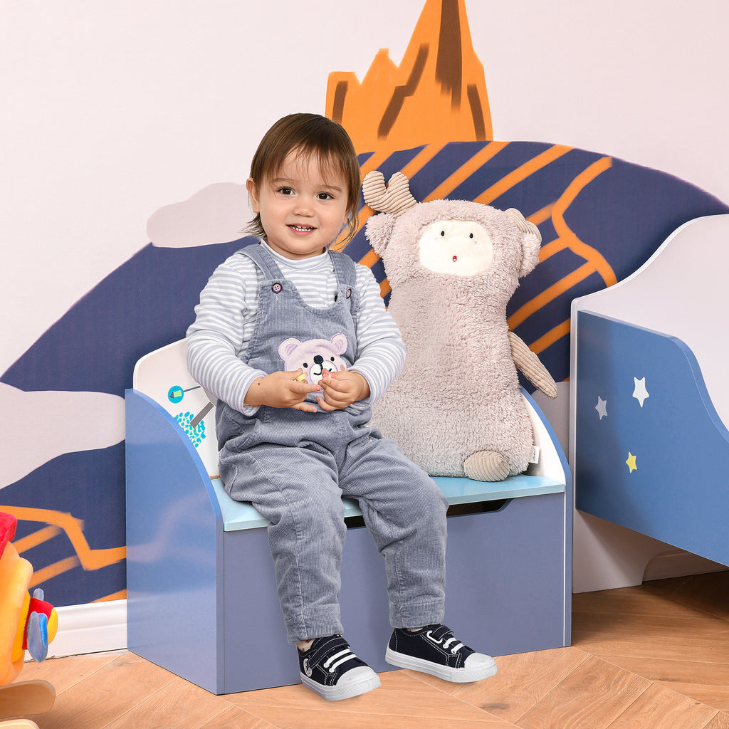 HOMCOM Spielzeugkiste mit Sitzbank 2 in 1 aus Holz, Spielzeugtruhe mit Rückenlehne für Kinder von 3-6 Jahren, 60x30x50 cm, Blau