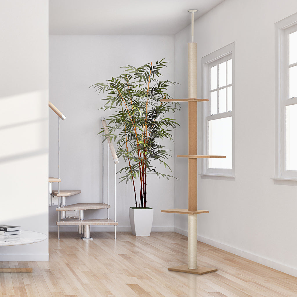 PawHut Kratzbaum Deckenhoch, 228-260 cm Höhenverstellbarer Katzenbaum Kletterbaum für Katzen mit 3 Ebenen, Katzenkratzbaum, Spielbaum vom Boden bis zur Decke Khaki