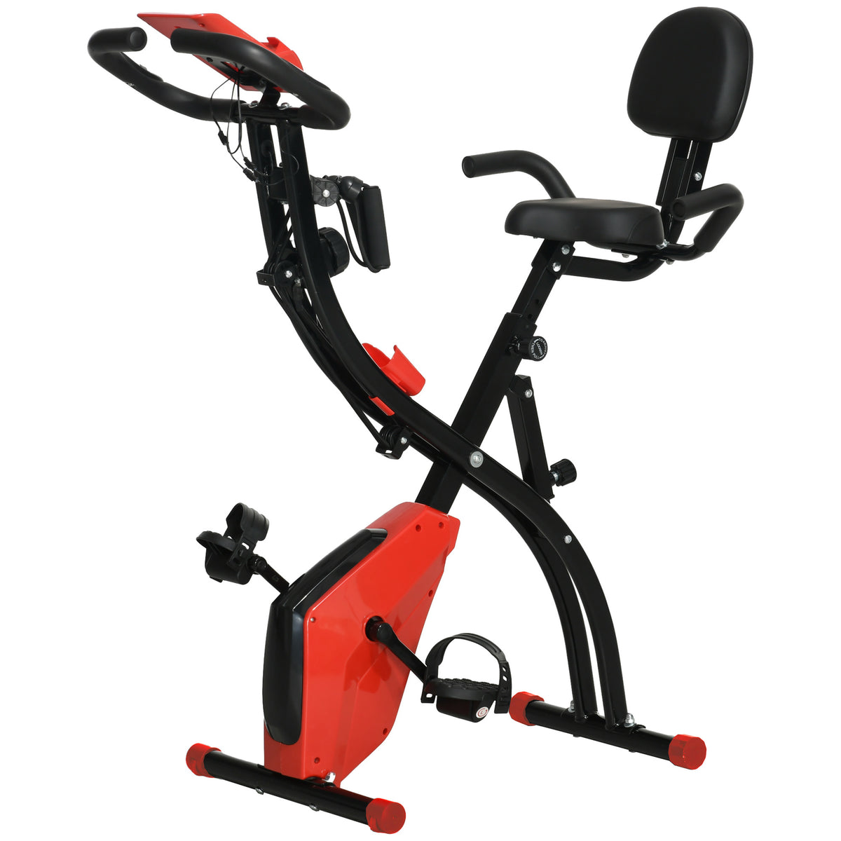 HOMCOM Heimtrainer X-Bike 2-in-1 Fahrradtrainer mit LCD-Display,Pulsmesser, klappbarer Hometrainer Trimmrad mit 8 stufig Magnetwiderstand, 1 Paar Spannseil, Stahl Rot 105x48x118 cm