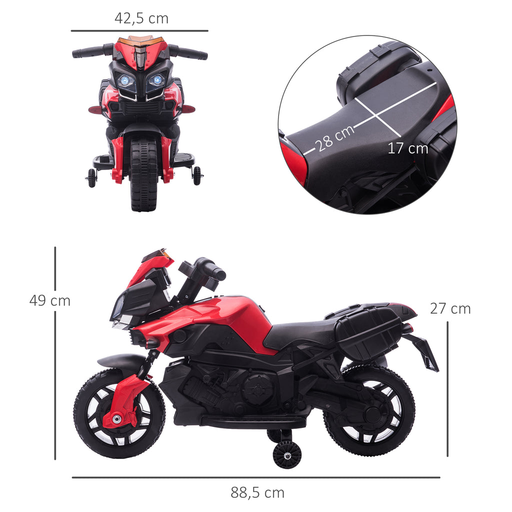 HOMCOM Kinder Elektromotorrad 6 V 3 km/h Licht- und Soundeffekte abnehmbare Räder Trittbretter Seitentaschen Metall PP Rot Schwarz