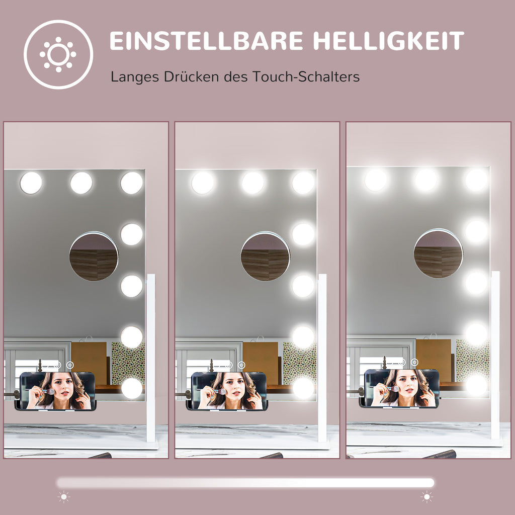 HOMCOM LED Kosmetikspiegel, 3 Lichtmodi, dimmbar, Touchsteuerung, USB, 37x46 cm, Weiß
