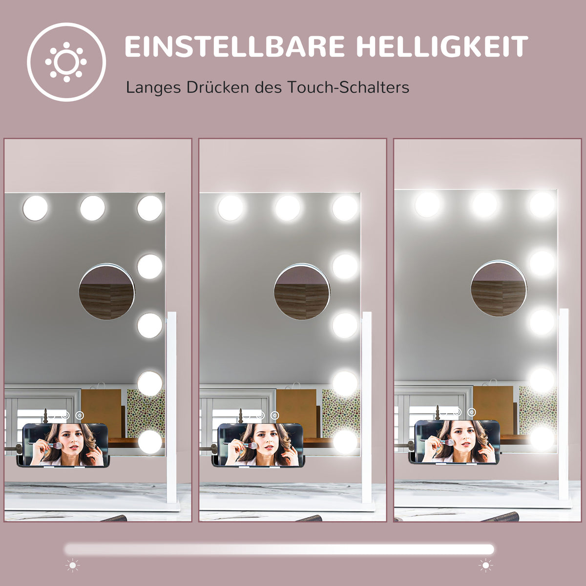 HOMCOM LED Kosmetikspiegel, 3 Lichtmodi, dimmbar, Touchsteuerung, USB, 37x46 cm, Weiß