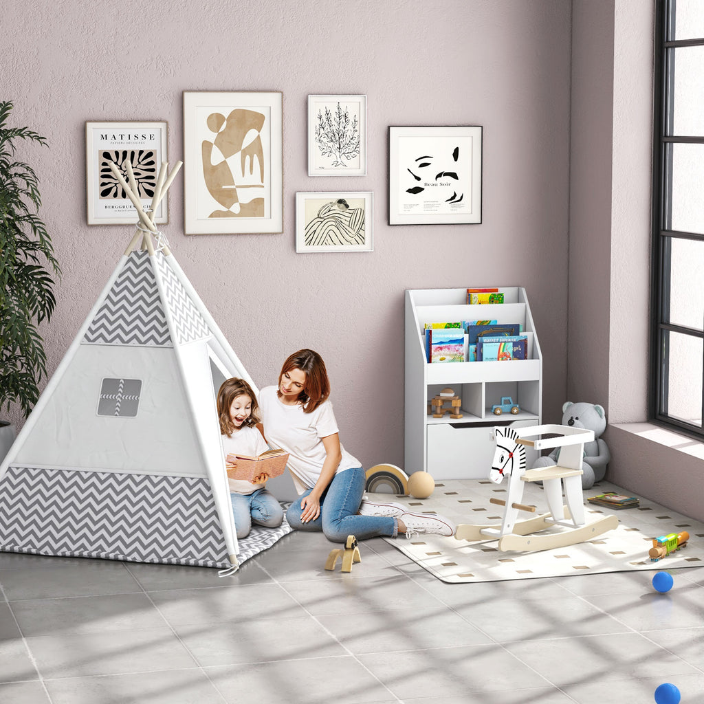 HOMCOM Indianer-Tipi Spielzelt für Kinder Grafikdesign - Maße 1,2L x 1,2B x 1,55H m - Verschließbare Tür Fenster Teppich Kissen Transporttasche inklusive - Innen Außen Grau Weiß