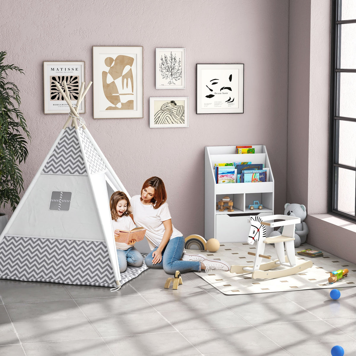 HOMCOM Indianer-Tipi Spielzelt für Kinder Grafikdesign - Maße 1,2L x 1,2B x 1,55H m - Verschließbare Tür Fenster Teppich Kissen Transporttasche inklusive - Innen Außen Grau Weiß