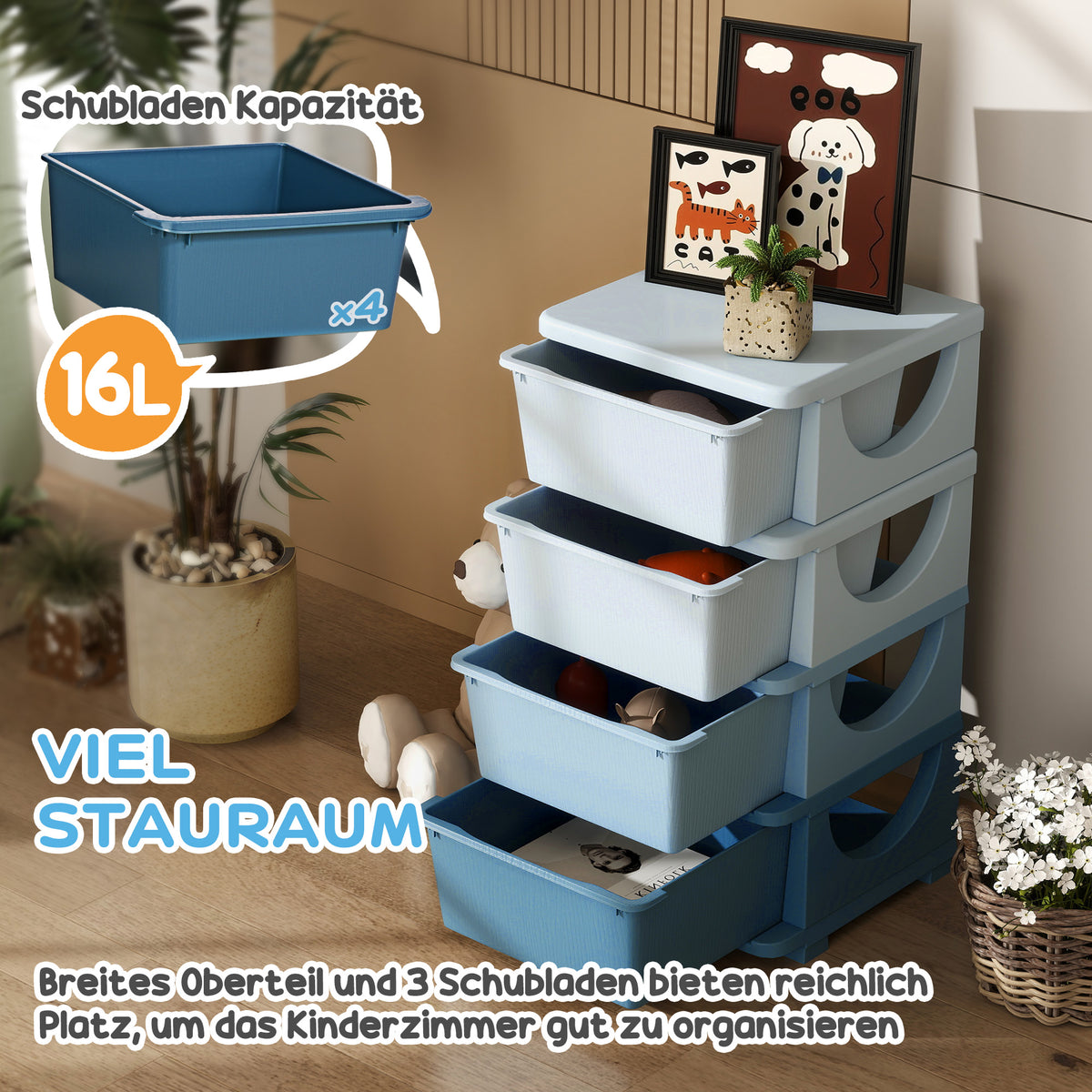 HOMCOM Aufbewahrungsboxen für Kinder, 4 Schubladen, abgerundete Kanten, erhöhtes Design, Kunststoff, Blau