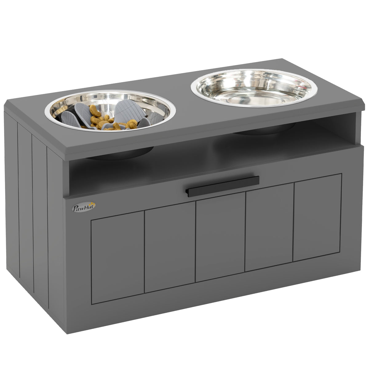 PawHut Futterstation für große Hunde, mit 2 Edelstahlnäpfen, Schublade, Futterspender für Haustiere, MDF, Stahl, Grau