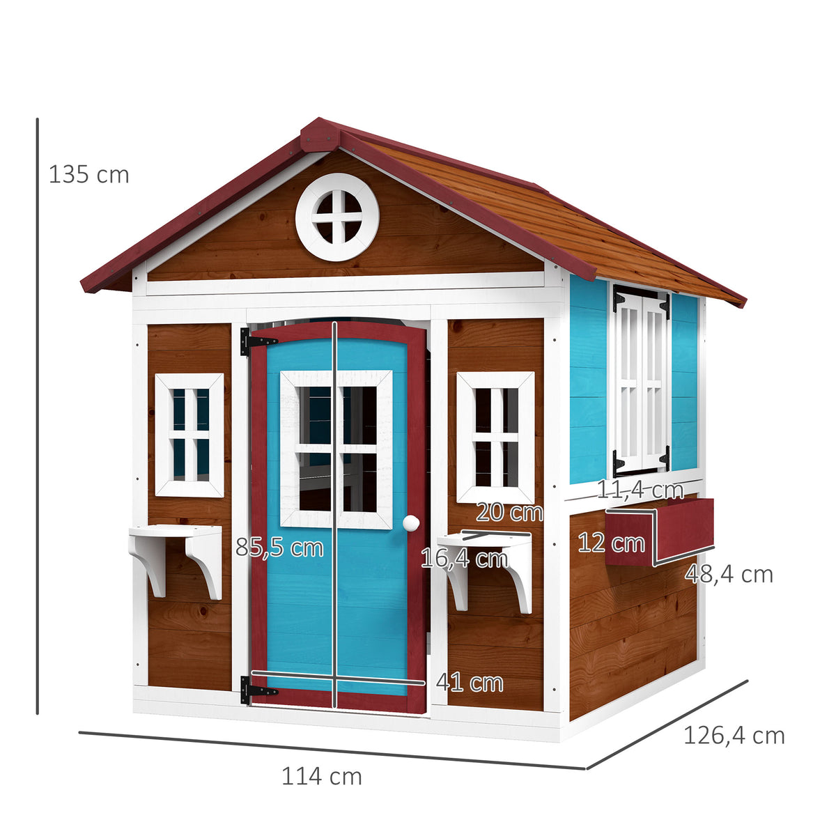 Outsunny Kinderspielhaus, Holz-Spielhaus für Kinder, Outdoor-Gartenspielhaus mit Fenstern, Blumentöpfe, 3-8 Jahre, Blau
